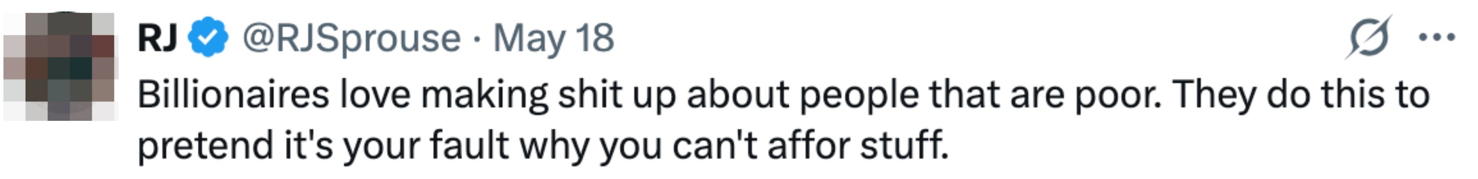 Tweet discussing how billionaires deflect blame onto poor individuals for financial struggles