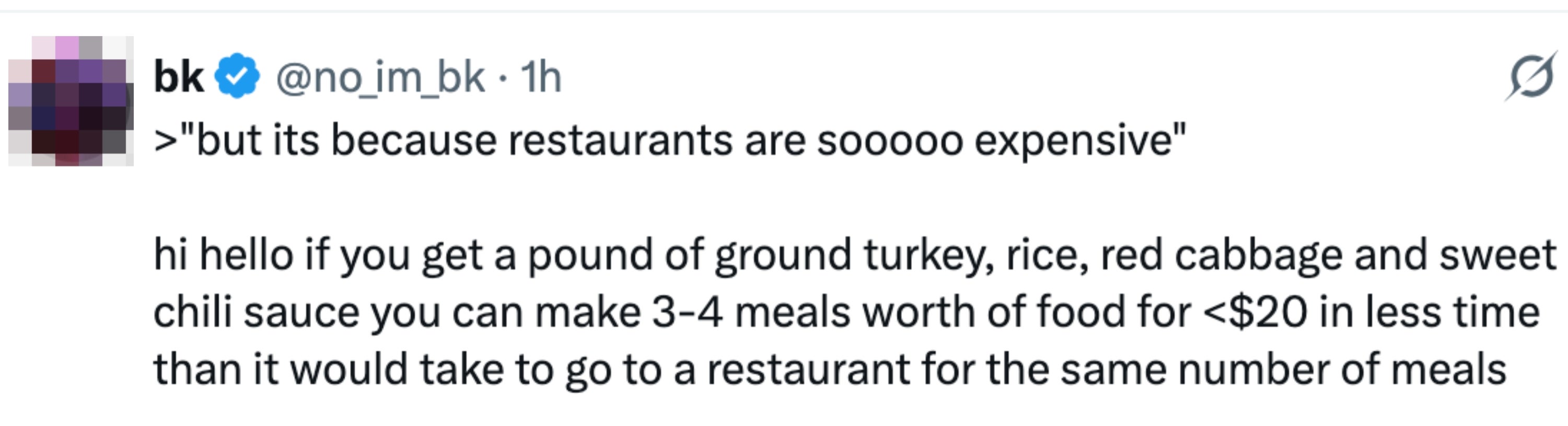 Tweet about saving money: Cook 3-4 meals with ground turkey, rice, cabbage, and chili sauce for under $20 quicker than dining out