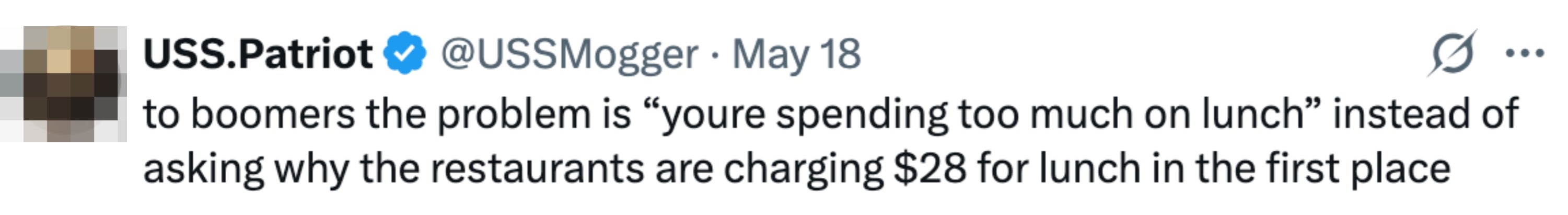 Tweet questions rising lunch costs, suggesting seniors focus on spending habits rather than prices