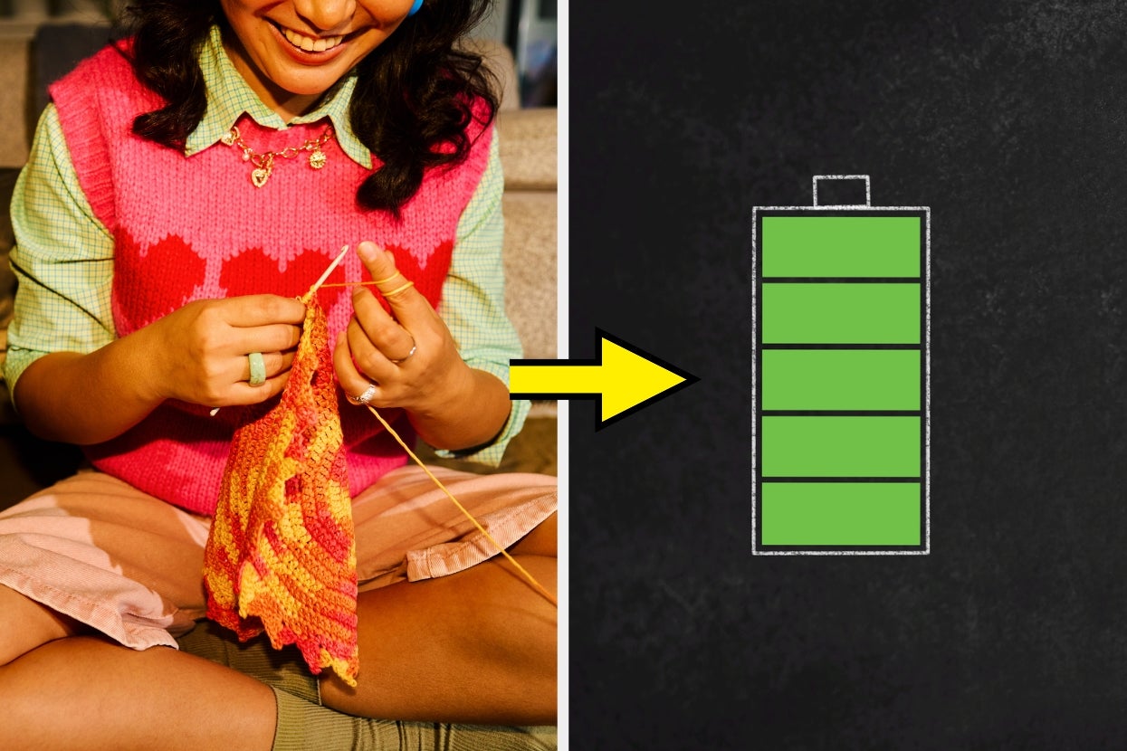Person knitting with a smile on their face; arrow pointing to a full battery icon