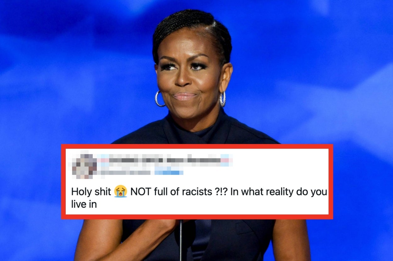 A person stands confidently at a microphone on stage. A comment overlay questions their statement about racism