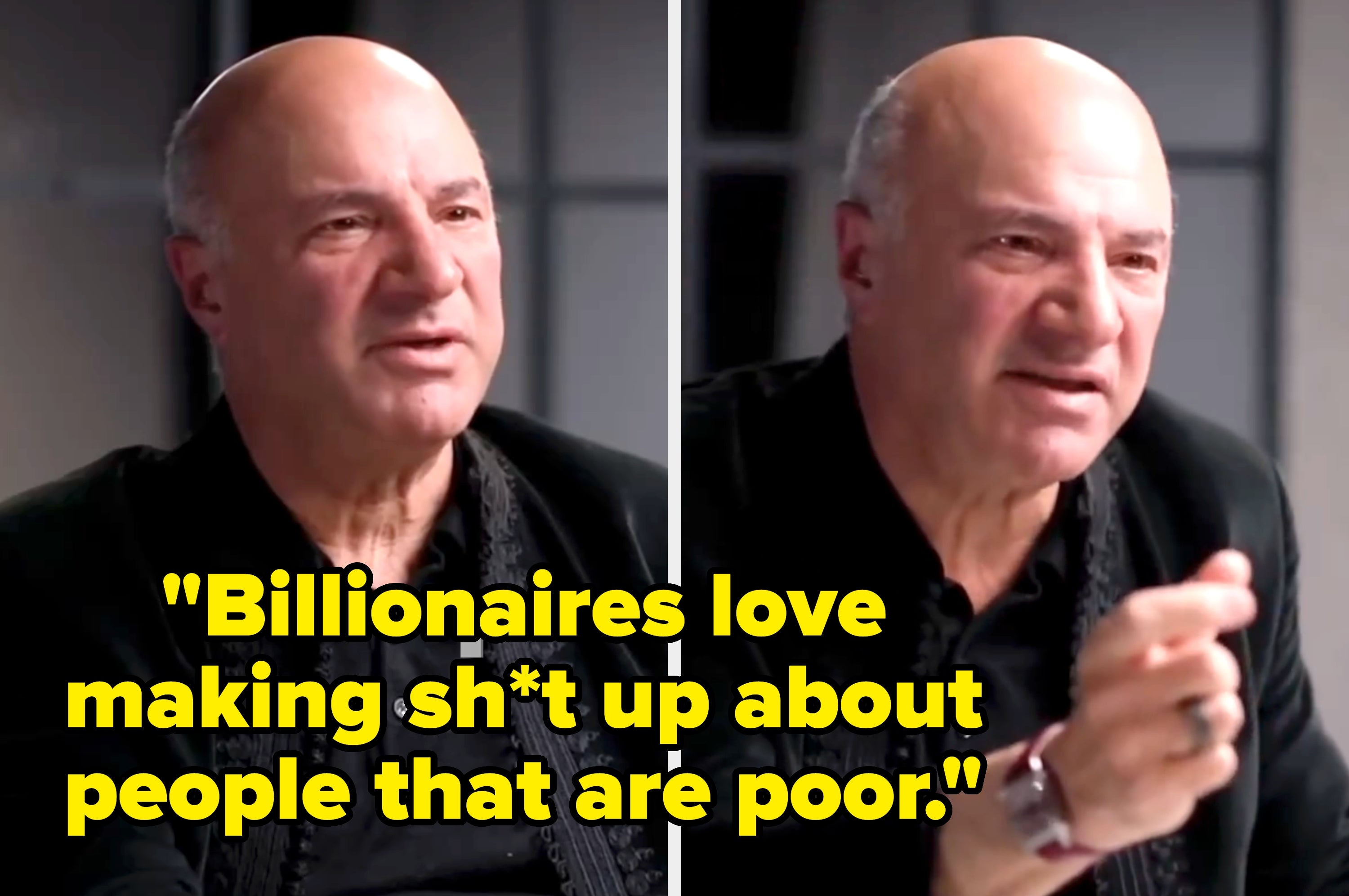 Split image of a man speaking passionately. Overlaid tweet criticizes billionaires for blaming the poor to justify wealth disparities