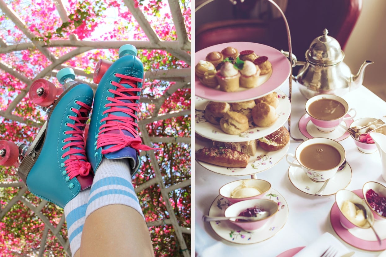 Roller skates with pastel laces near flowers; afternoon tea with tiered pastries, scones, and a teapot on a table