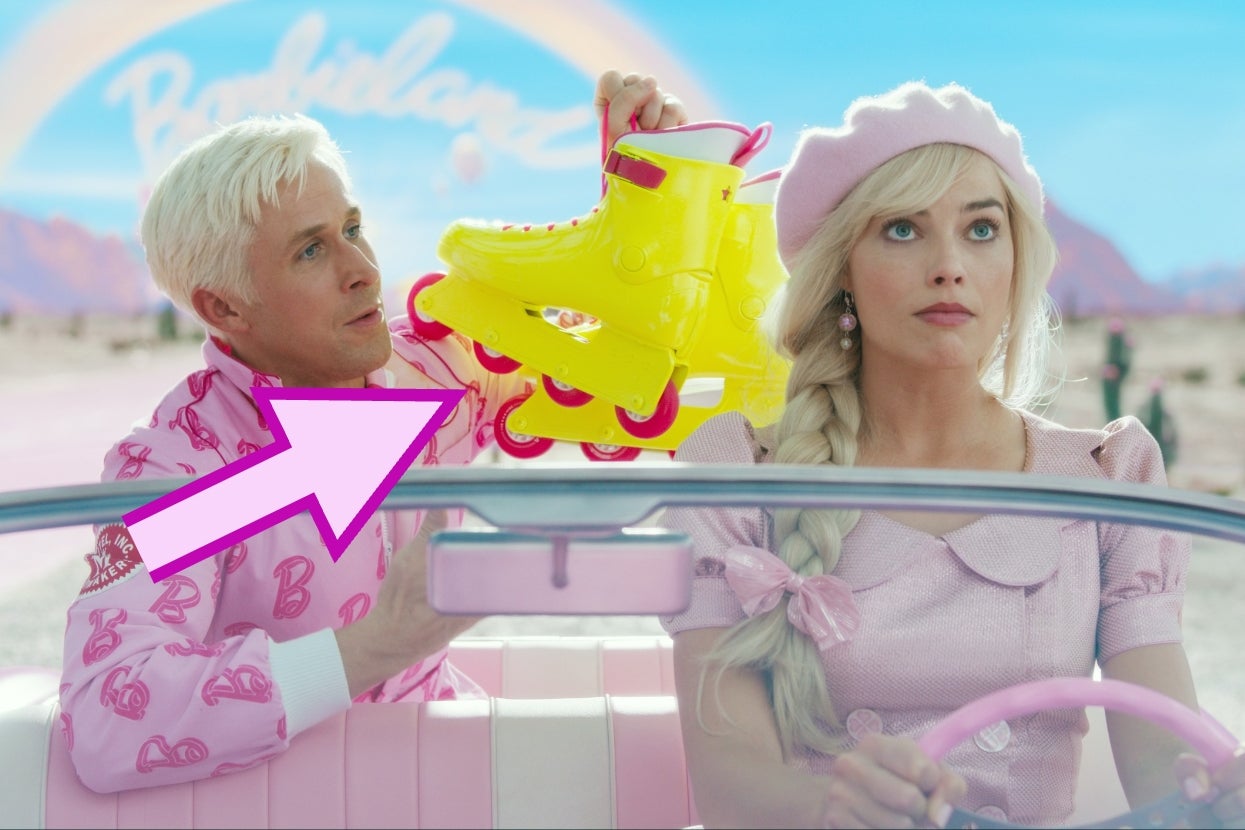 Ryan Gosling as Ken on the left holds bright roller skates, Margot Robbie as Barbie drives the car, rolling her eyes