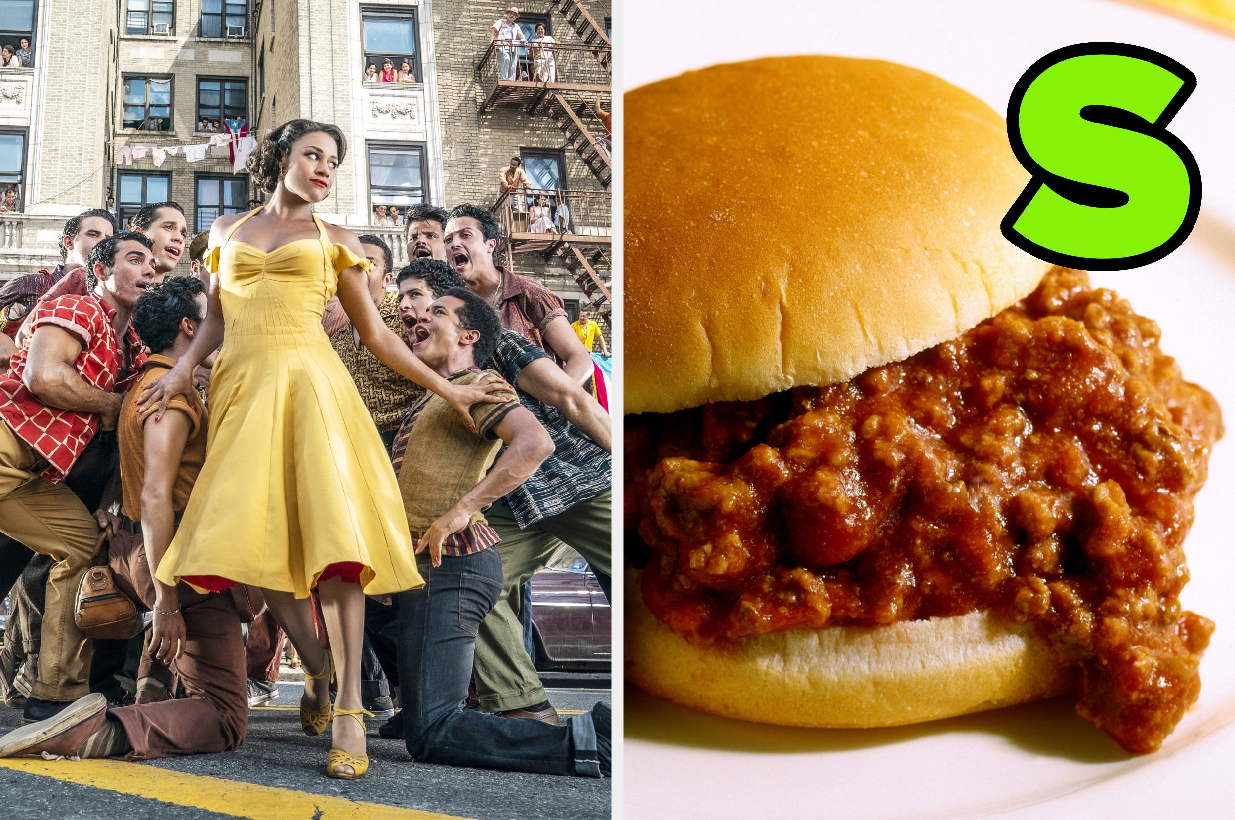 A woman in 1950s-style dress poses dramatically with a group on a city street; next to it, a sloppy joe sandwich with a large green letter "S."
