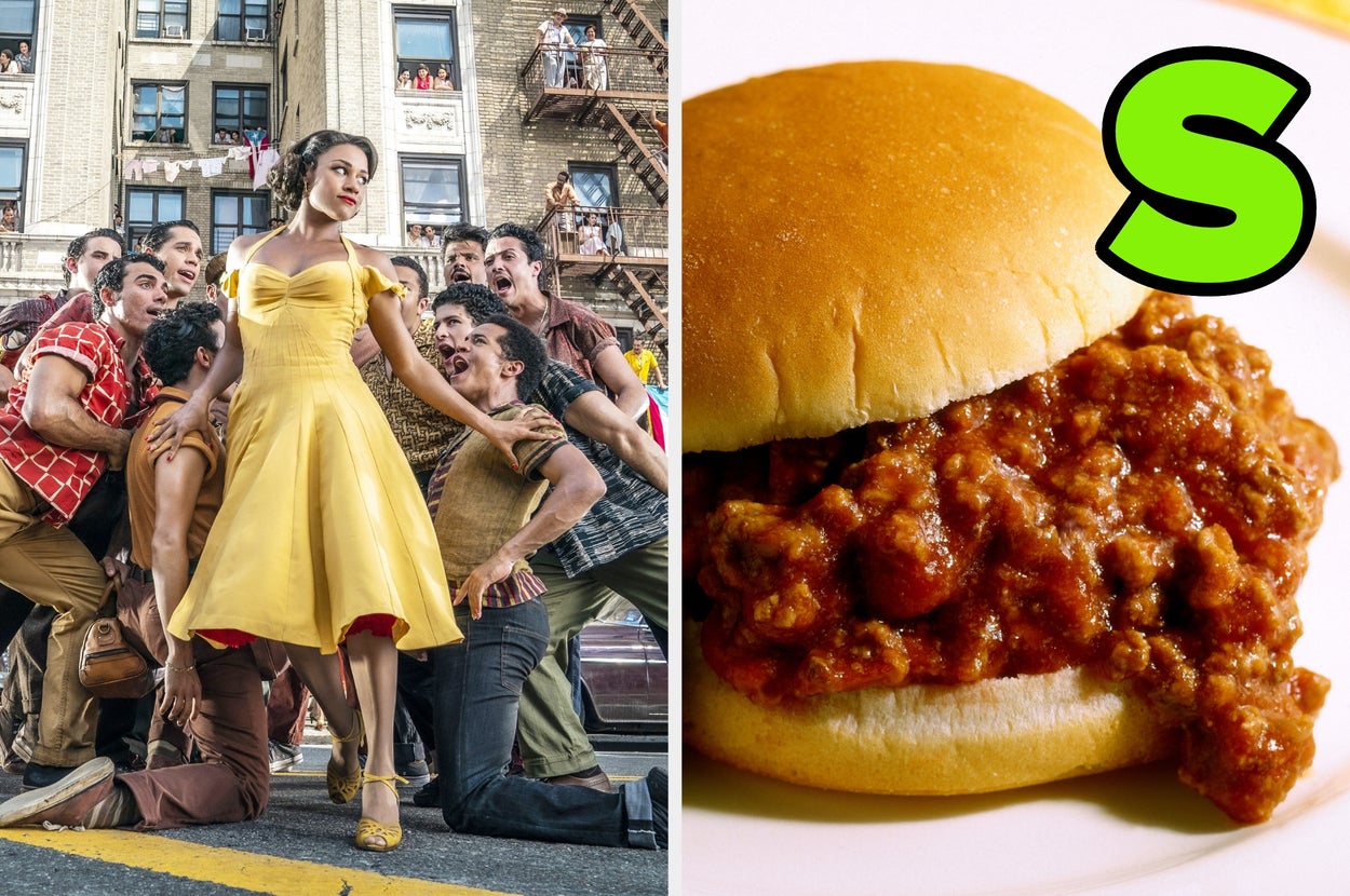 A woman in 1950s-style dress poses dramatically with a group on a city street; next to it, a sloppy joe sandwich with a large green letter "S."