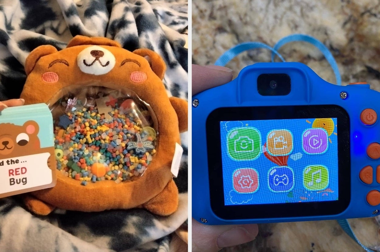 Plush bear toy with colorful beads in its belly on left; children's blue digital camera with vibrant icon display on right