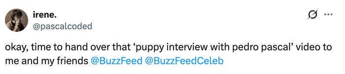 Tweet discussing a video interview with puppies and Pedro Pascal, mentioning BuzzFeed and BuzzFeed Celeb
