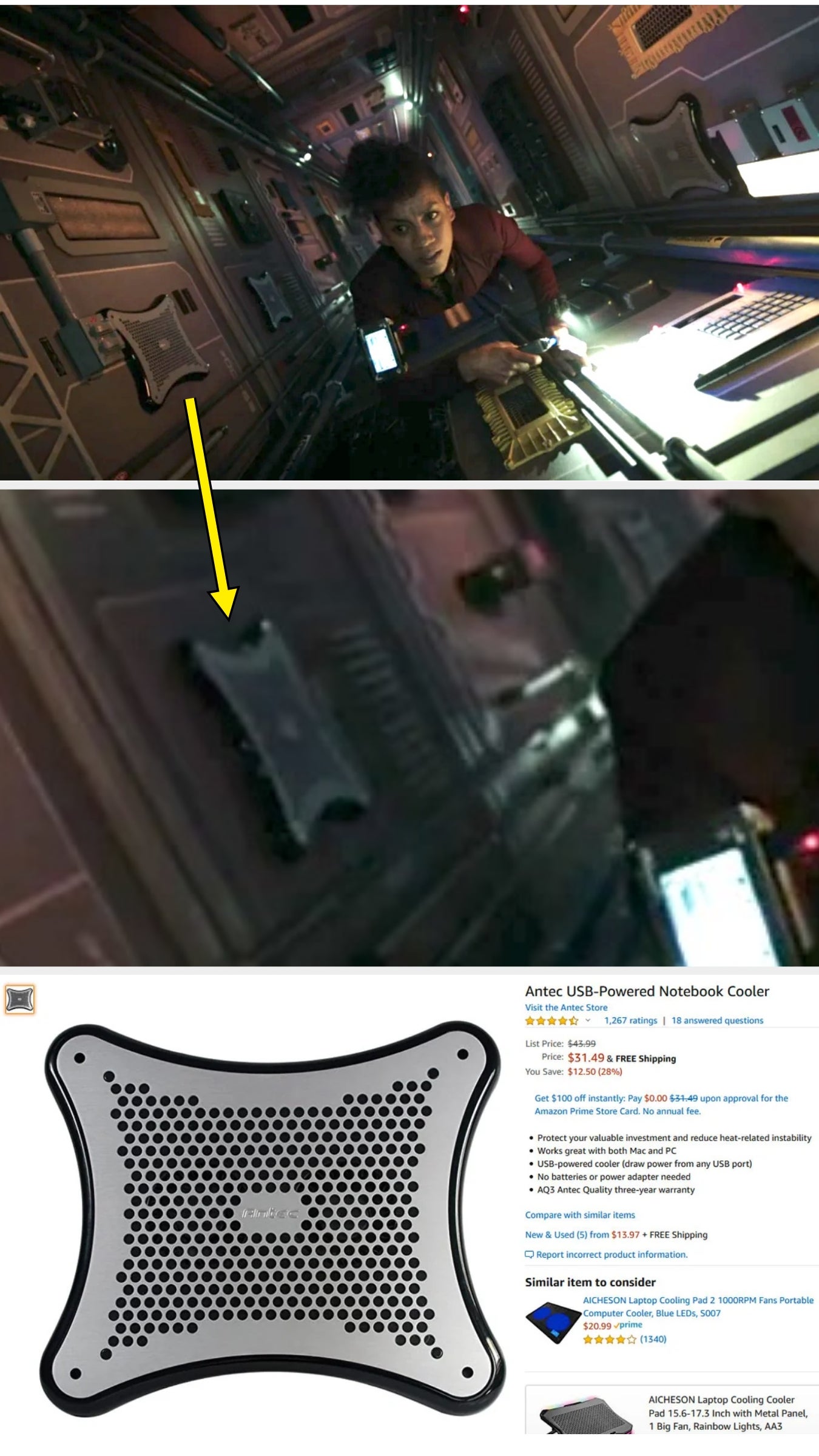 Film scene with a person in a spaceship; zooms into a device resembling the depicted laptop cooler ad below