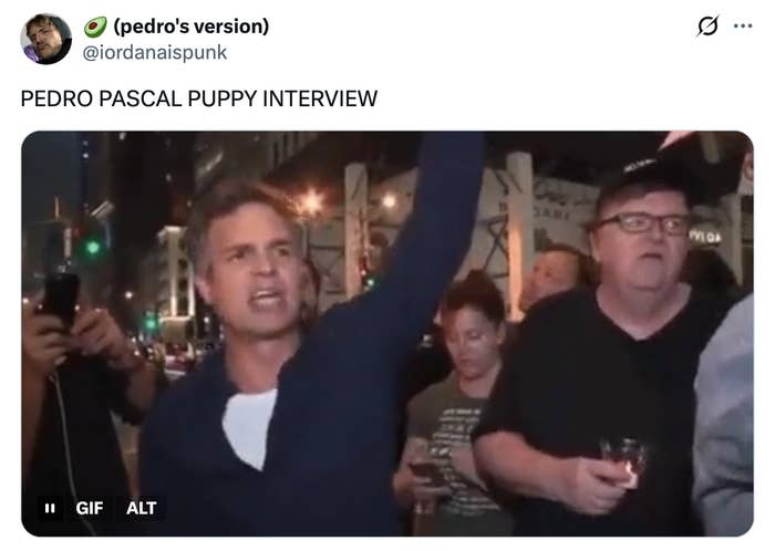 Two men in casual attire stand among a crowd on a city street. One raises his arm energetically. Text above reads "PEDRO PASCAL PUPPY INTERVIEW."