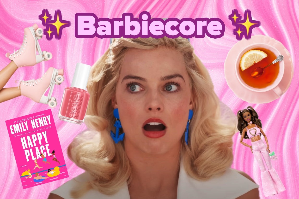 Collage of Barbiecore items: roller skates, nail polish, tea, book "Happy Place," doll, and a surprised Margot Robbie as Barbie