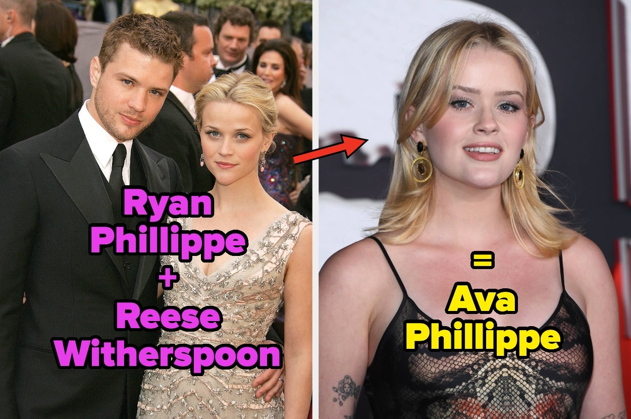 Ryan Phillippe and Reese Witherspoon on a red carpet in formal attire vs Ava Phillippe in a lace dress on the red carpet