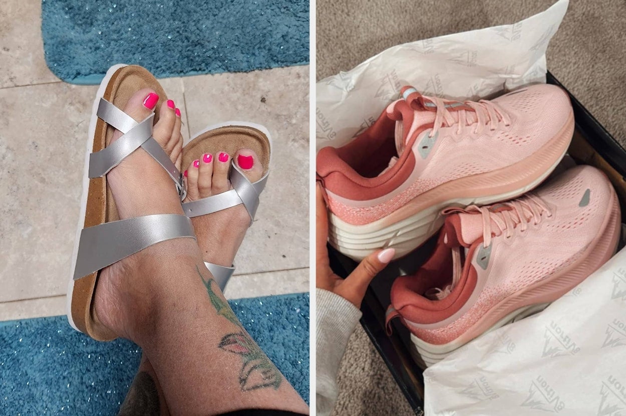 Feet wearing silver sandals next to a pink sneaker in a box