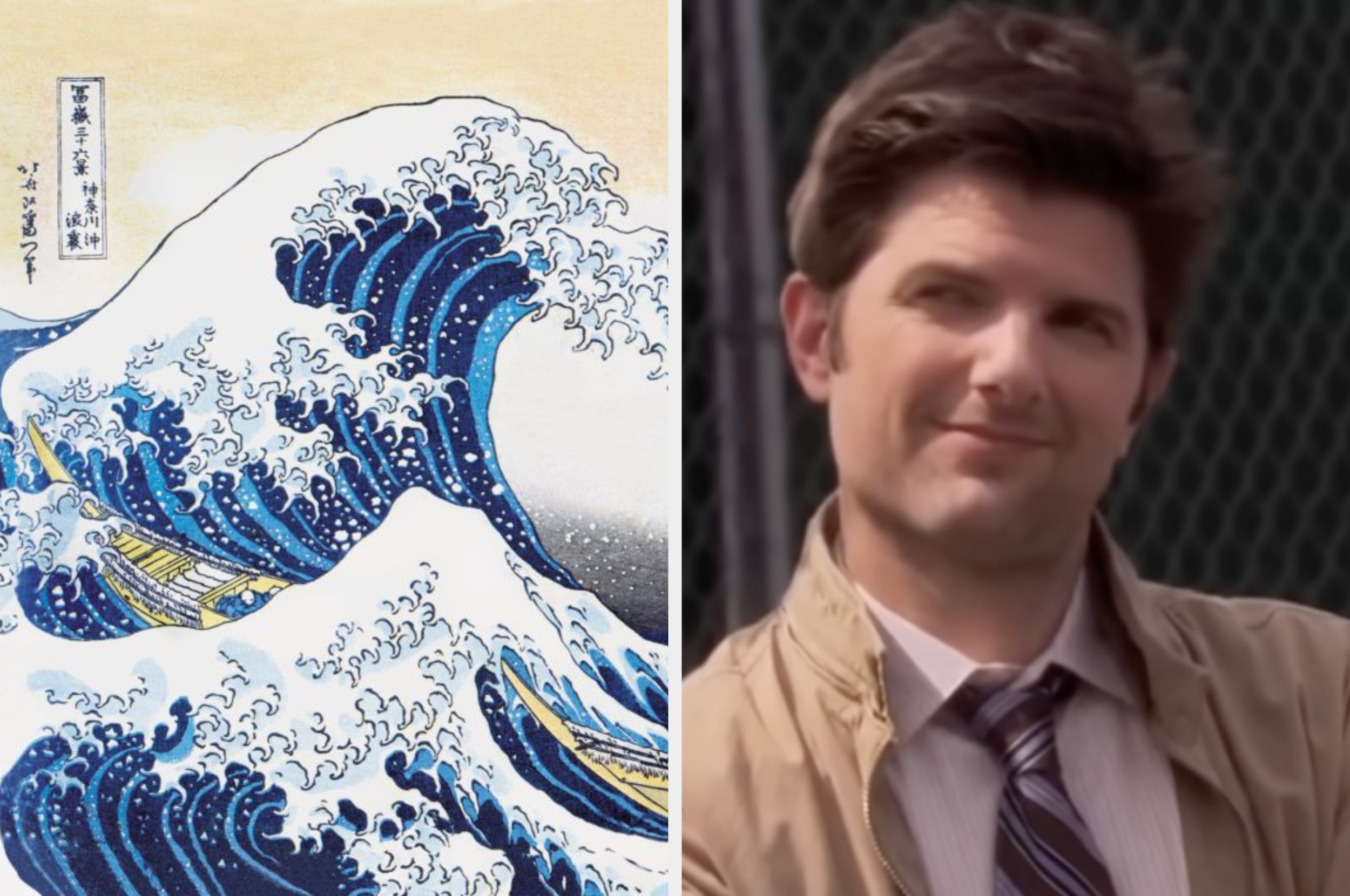 Left: Famous Japanese wave art with boats swaying. Right: Person wearing a beige jacket and tie, smiling sideways at the camera
