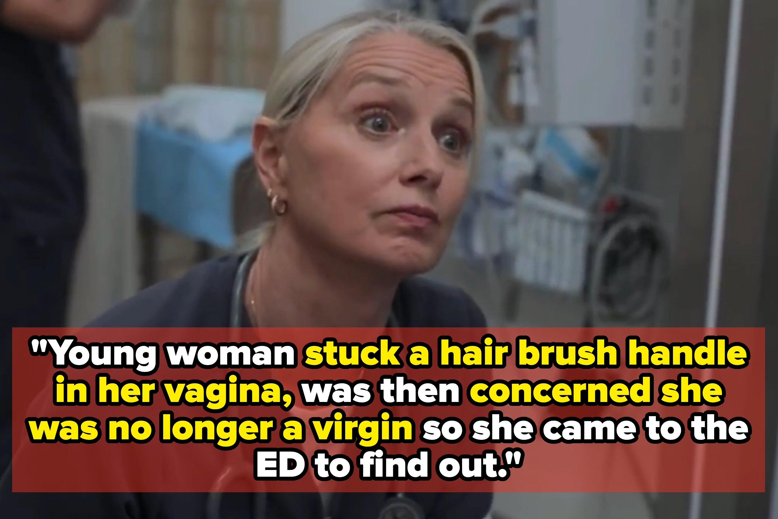 Woman in medical setting listens intently; text discusses a young woman's concern about virginity after using a hairbrush