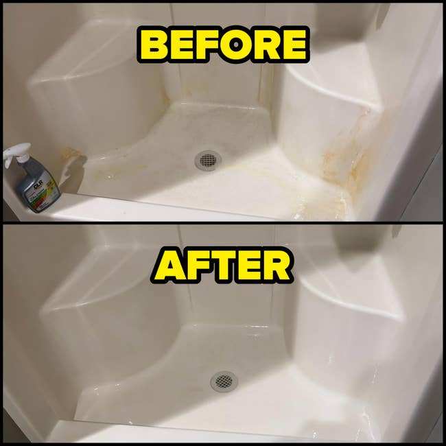 Before and after images of a shower cleaning product's effectiveness, showing removal of grime stains from a shower floor and seat