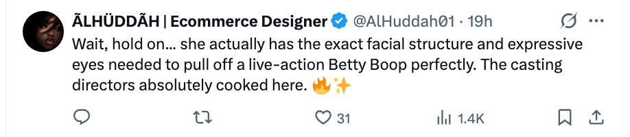Person tweets about someone having the features to play a live-action Betty Boop, praising the casting directors