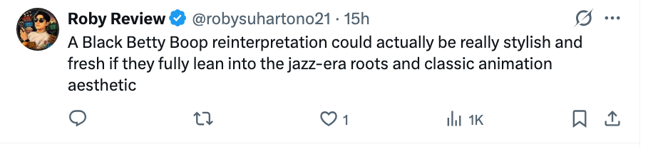 Tweet suggesting a Black Betty Boop reinterpretation embracing jazz-era roots and classic animation for a fresh style