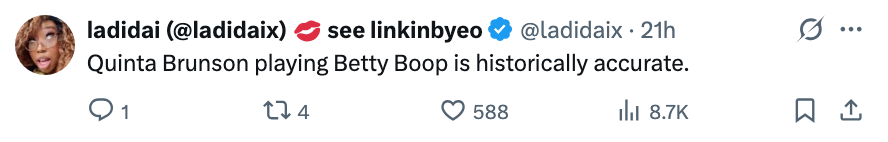 Tweet expressing that Quinta Brunson playing Betty Boop is historically accurate