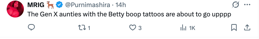 Tweet from @Purimashira: "The Gen X aunties with the Betty Boop tattoos are about to go upppp."