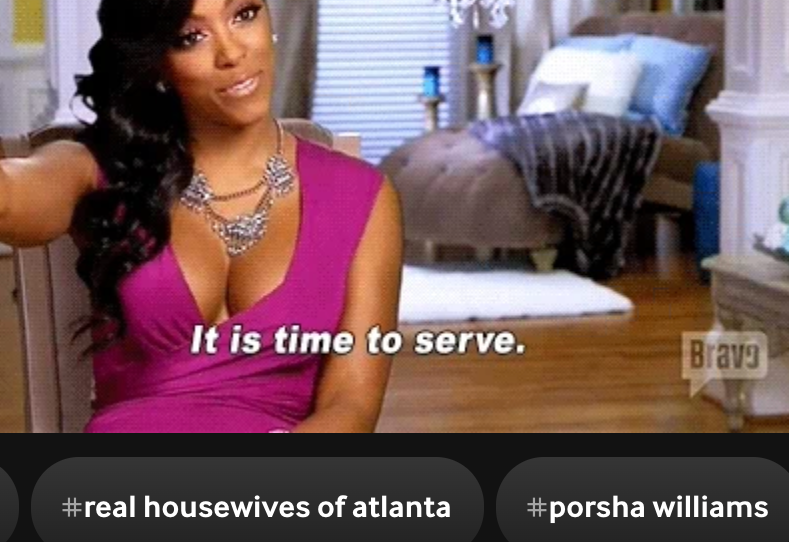 A woman in a reality TV show scene gestures expressively while seated. Various GIFs related to reality TV are displayed below