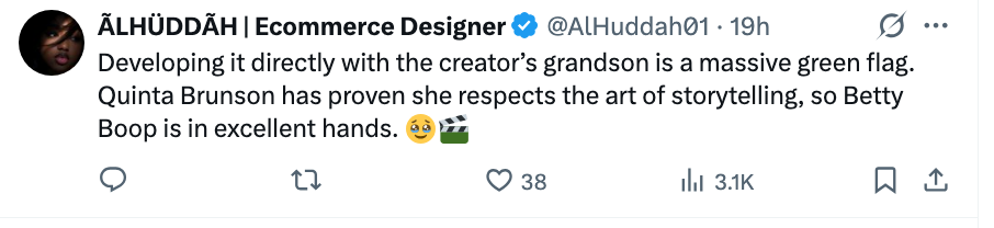 Tweet praising Quinta Brunson's storytelling skills and her involvement with Betty Boop
