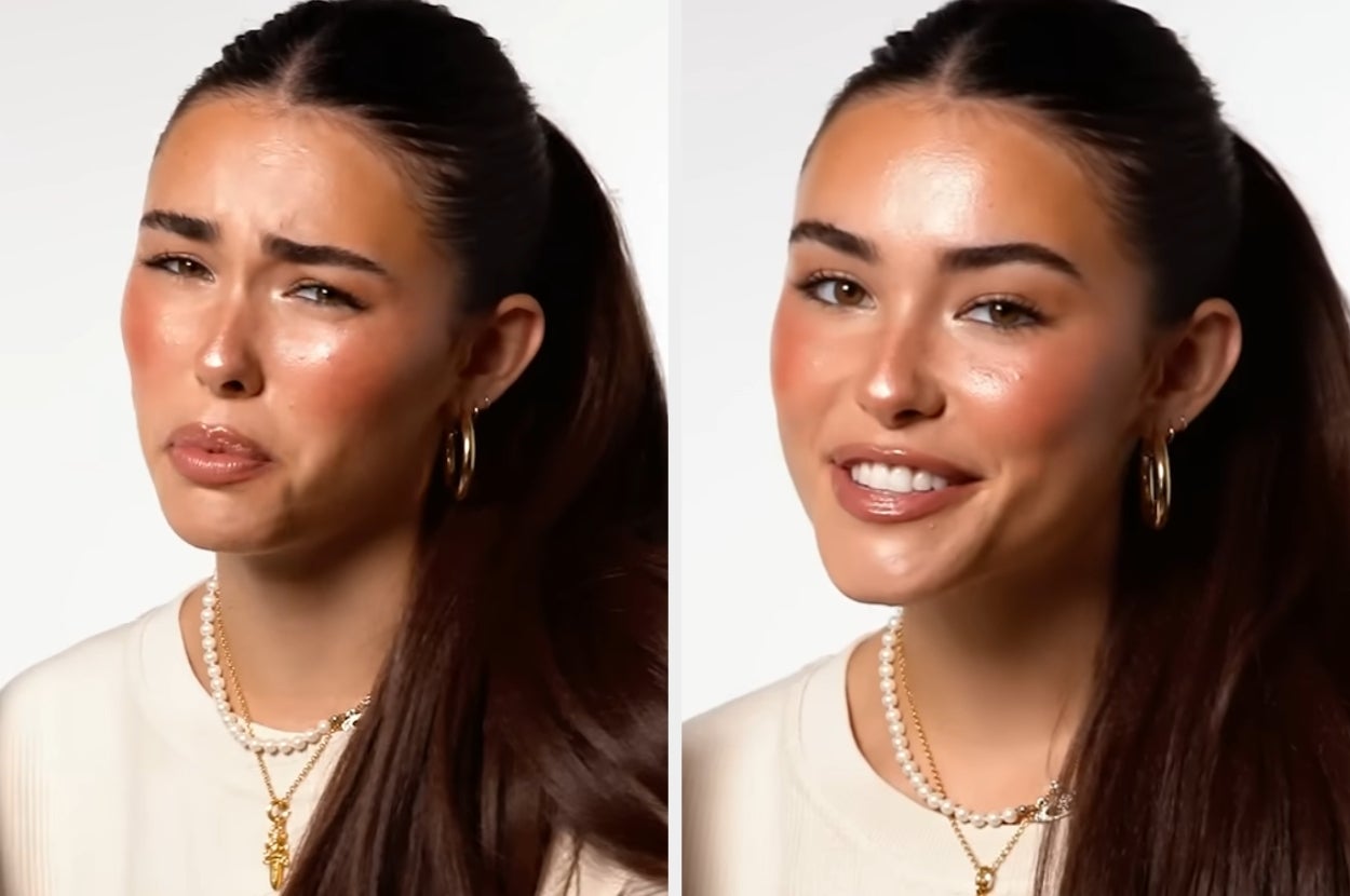Two side-by-side images of a woman with long, dark hair and hoop earrings, showing contrasting facial expressions: one skeptical, one smiling