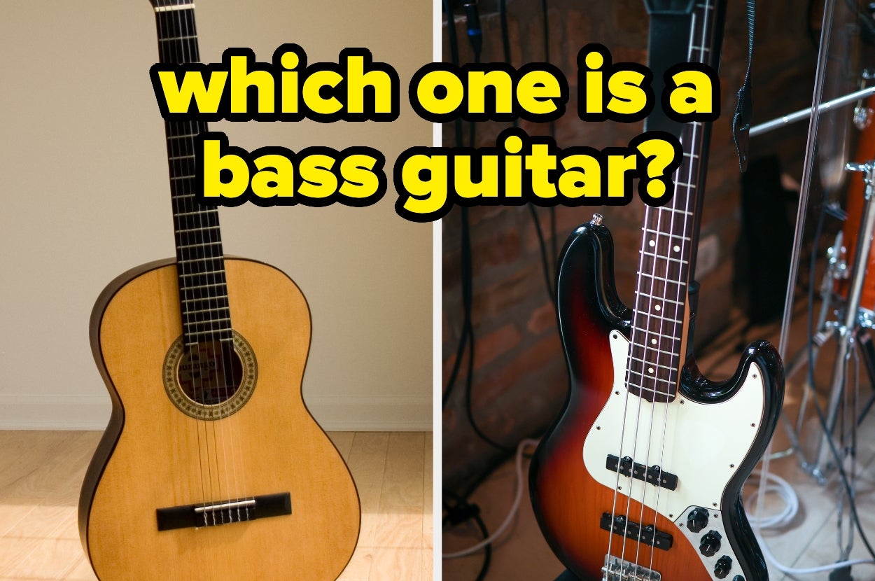 Two guitars side by side; left is a classical acoustic, right is an electric bass guitar. Text asks which one is a bass guitar