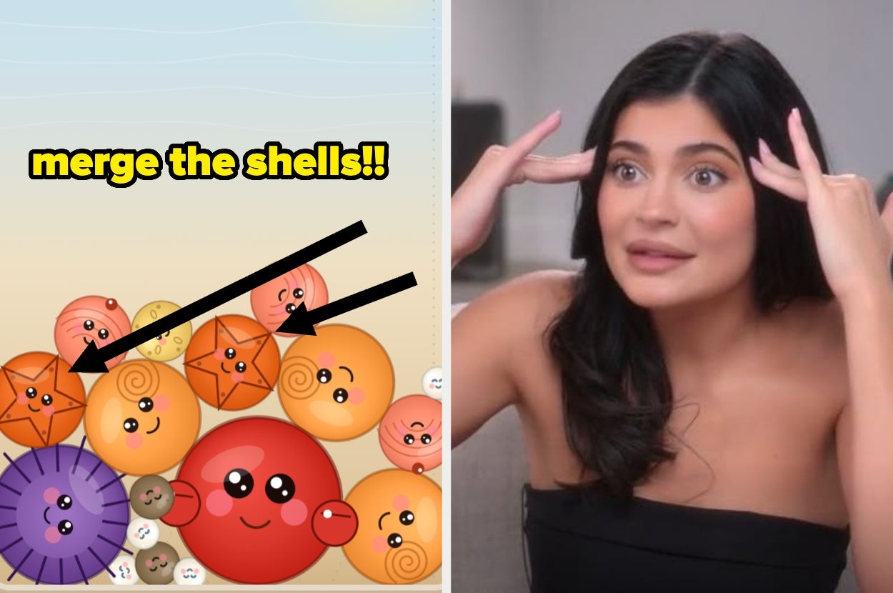 Collage: Left side shows a cartoon game with colorful shells to merge. Right side shows a person gesturing with excitement. Text: "merge the shells!!"