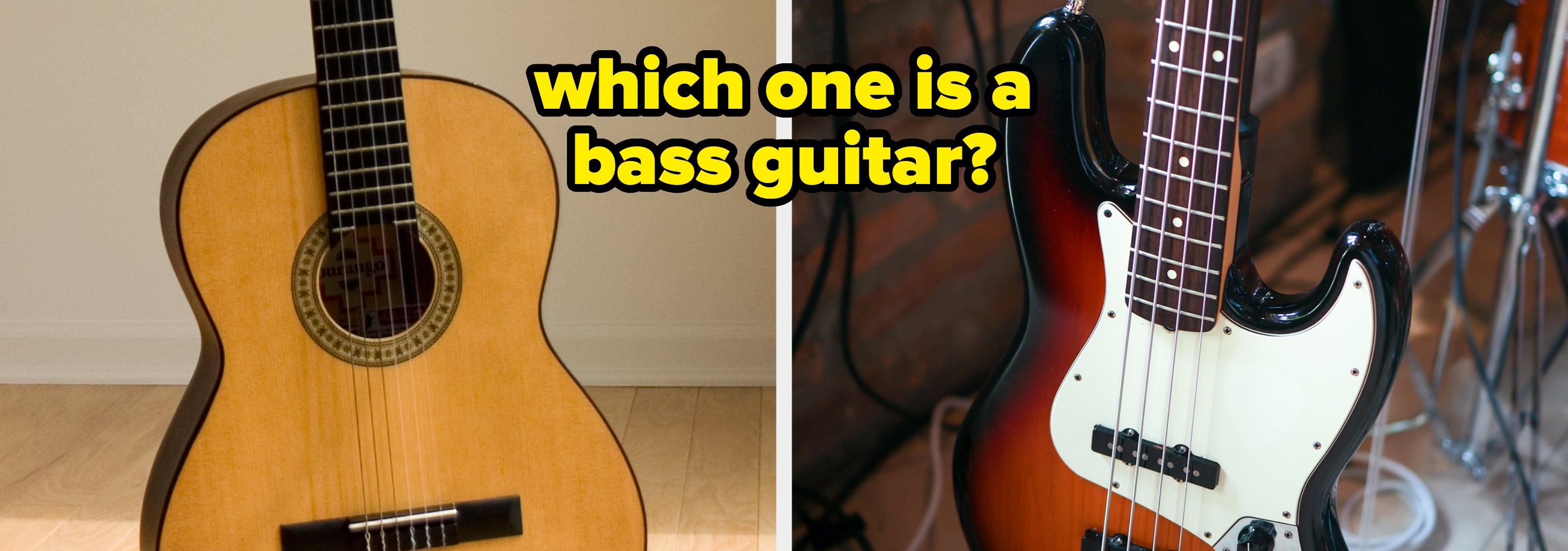 Two guitars side by side; left is a classical acoustic, right is an electric bass guitar. Text asks which one is a bass guitar