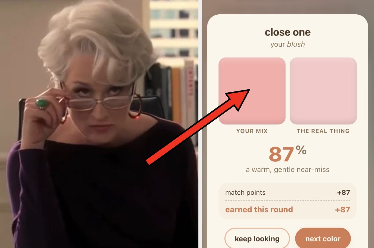 Person looking over glasses next to a game screenshot showing a color-matching result with a score of 87%