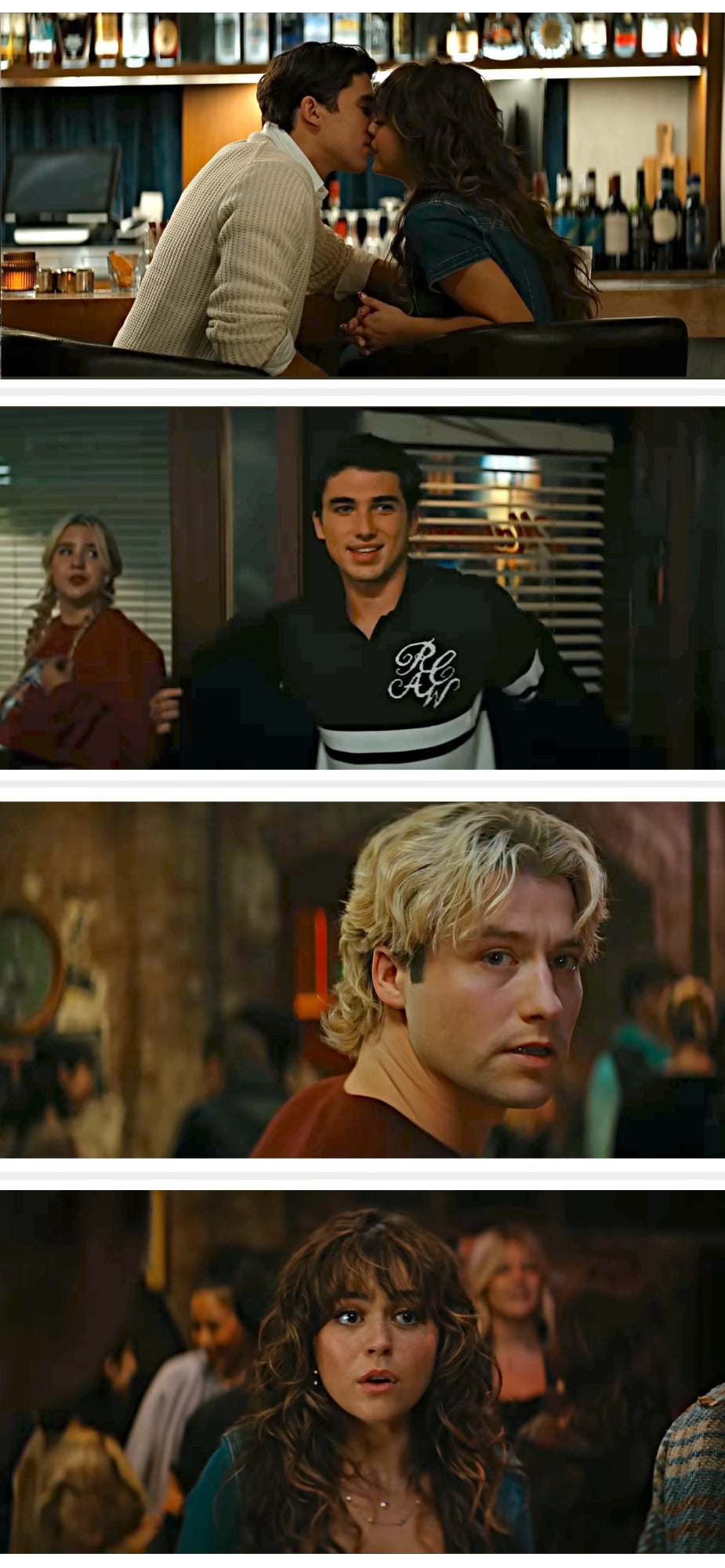 A couple kisses in a bar; a person smiles in a letterman jacket; a blonde man looks concerned; a woman with curly hair appears shocked in a crowded room