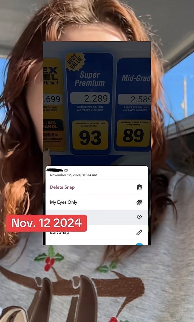 A woman captures gas prices and a Snapchat menu is visible, indicating the snap is for her eyes only dated Nov. 12, 2024
