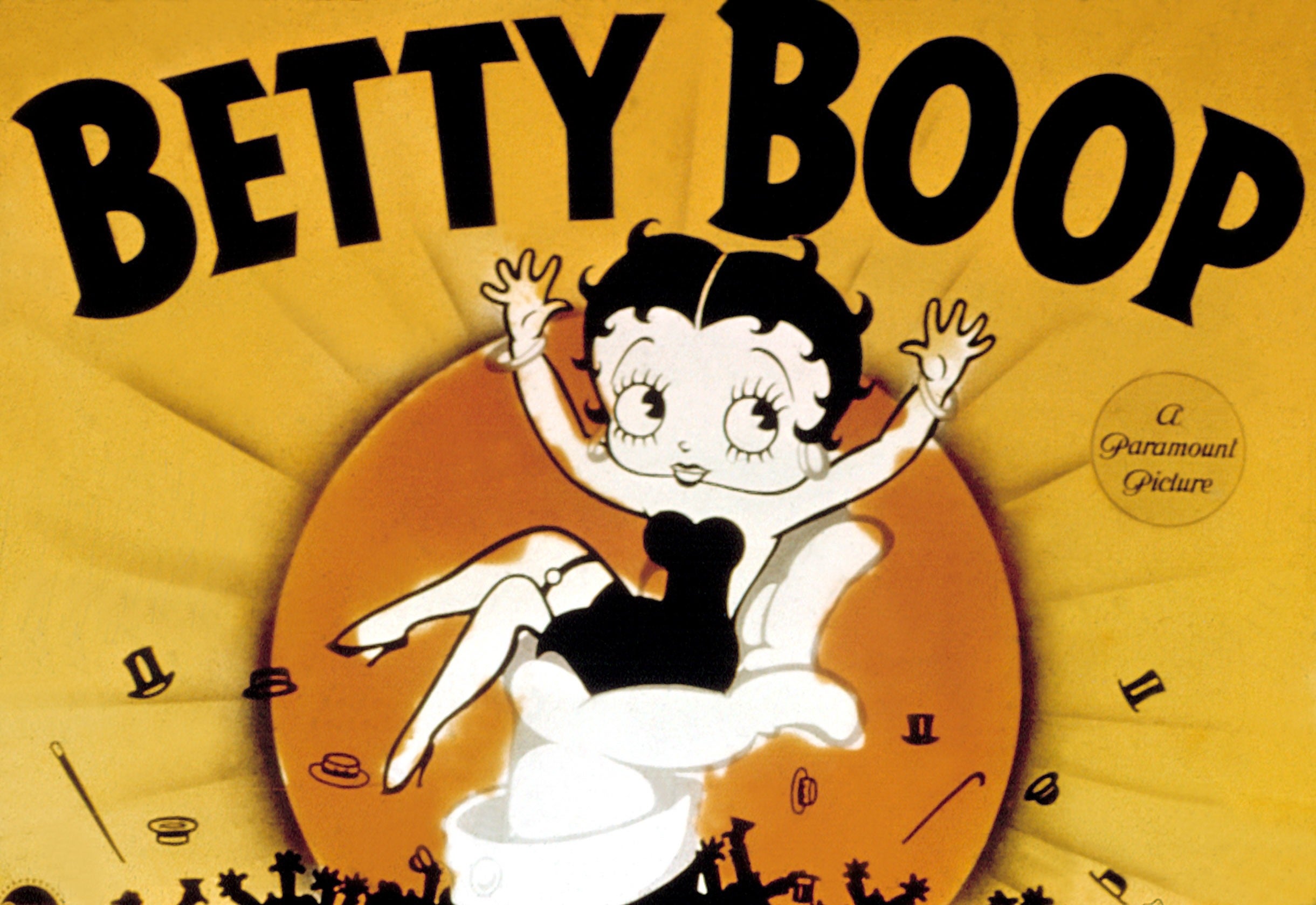Betty Boop cartoon character sitting on a crescent moon with a playful expression and surrounded by a vibrant backdrop