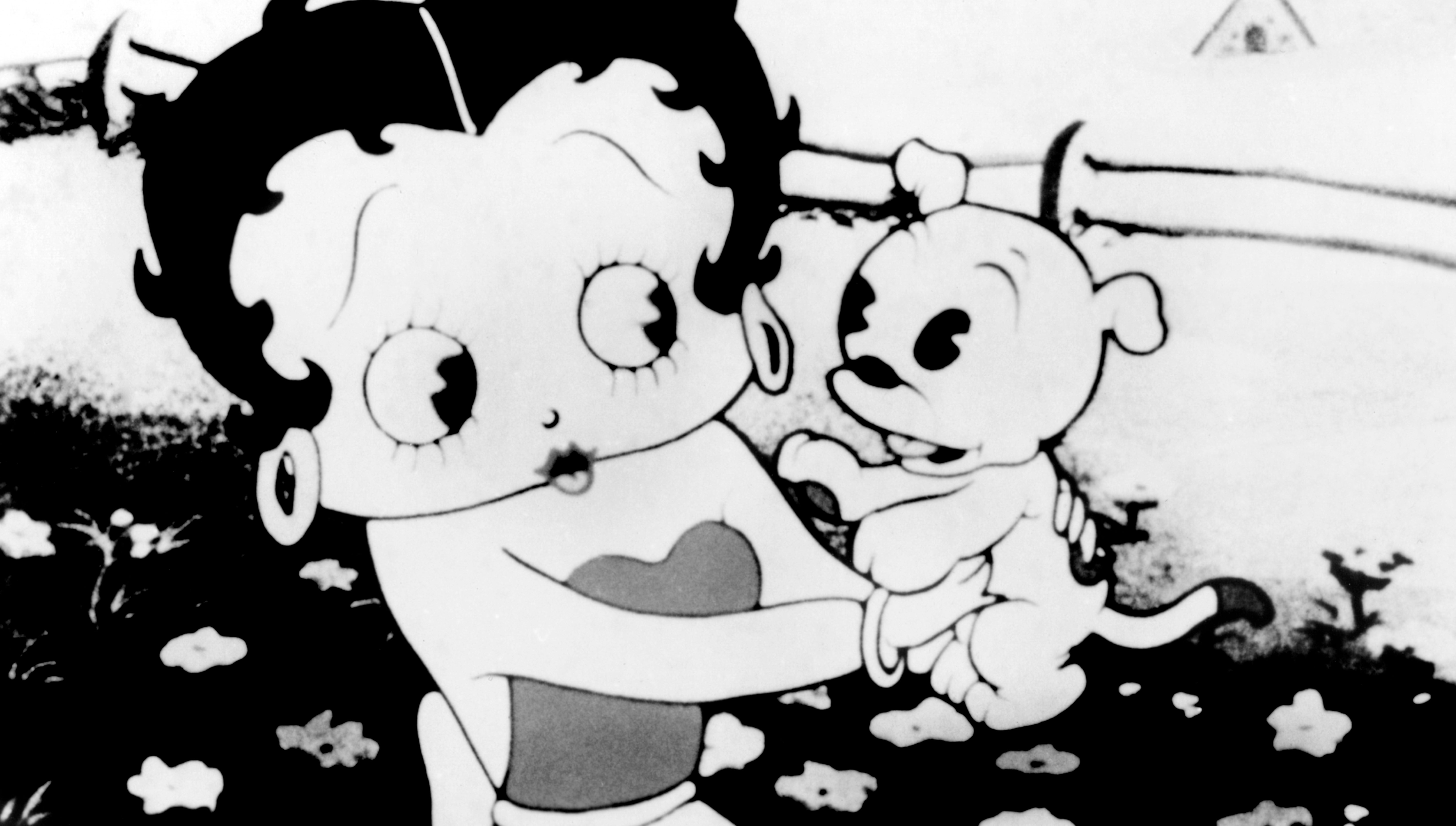 Cartoon character with short hair and hoop earrings holds a small dog in a garden setting