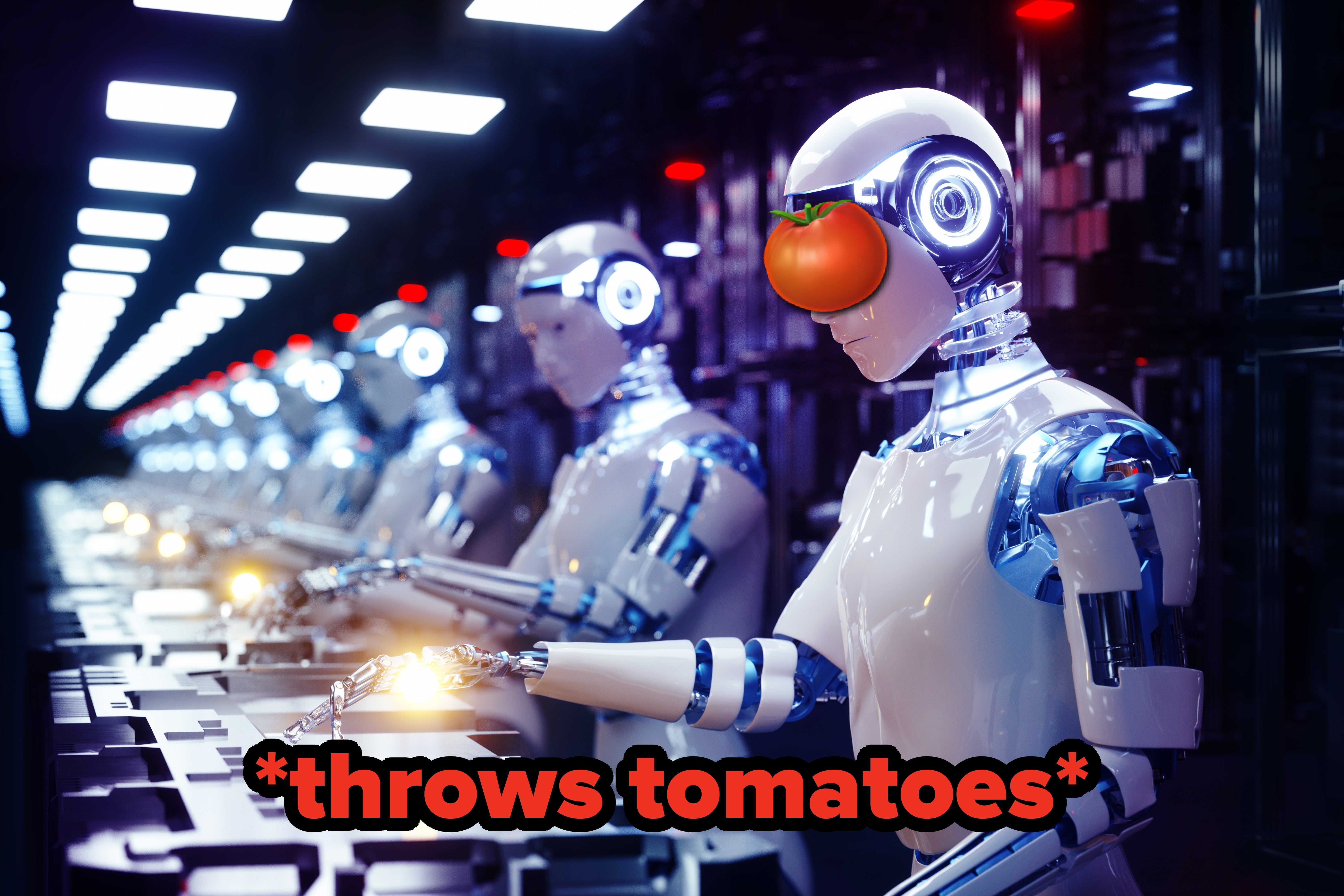 Rows of humanoid robots working at a futuristic assembly line with glowing interfaces with one of the robots' face covered by a tomato emoji with text that reads "*throws tomatoes*"
