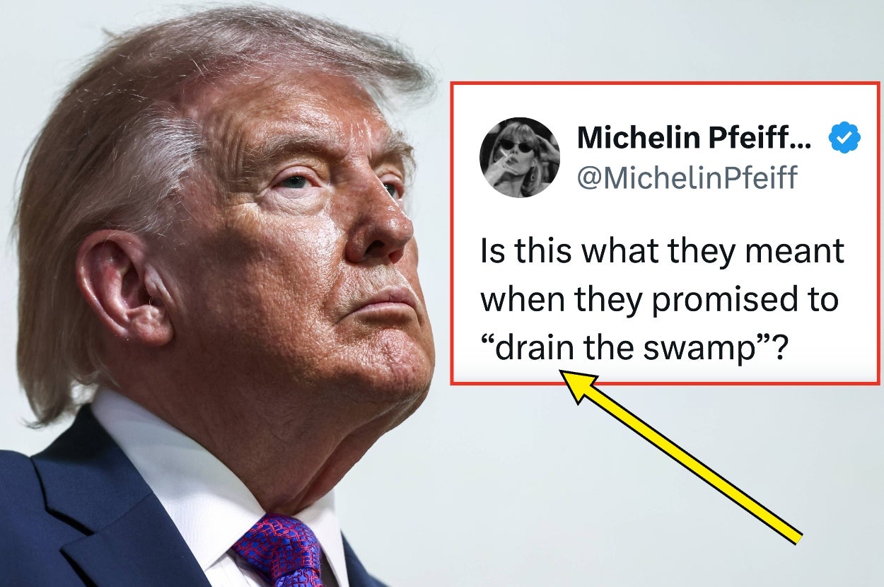 Person looking forward with a serious expression; a highlighted tweet questions political promises about "draining the swamp."