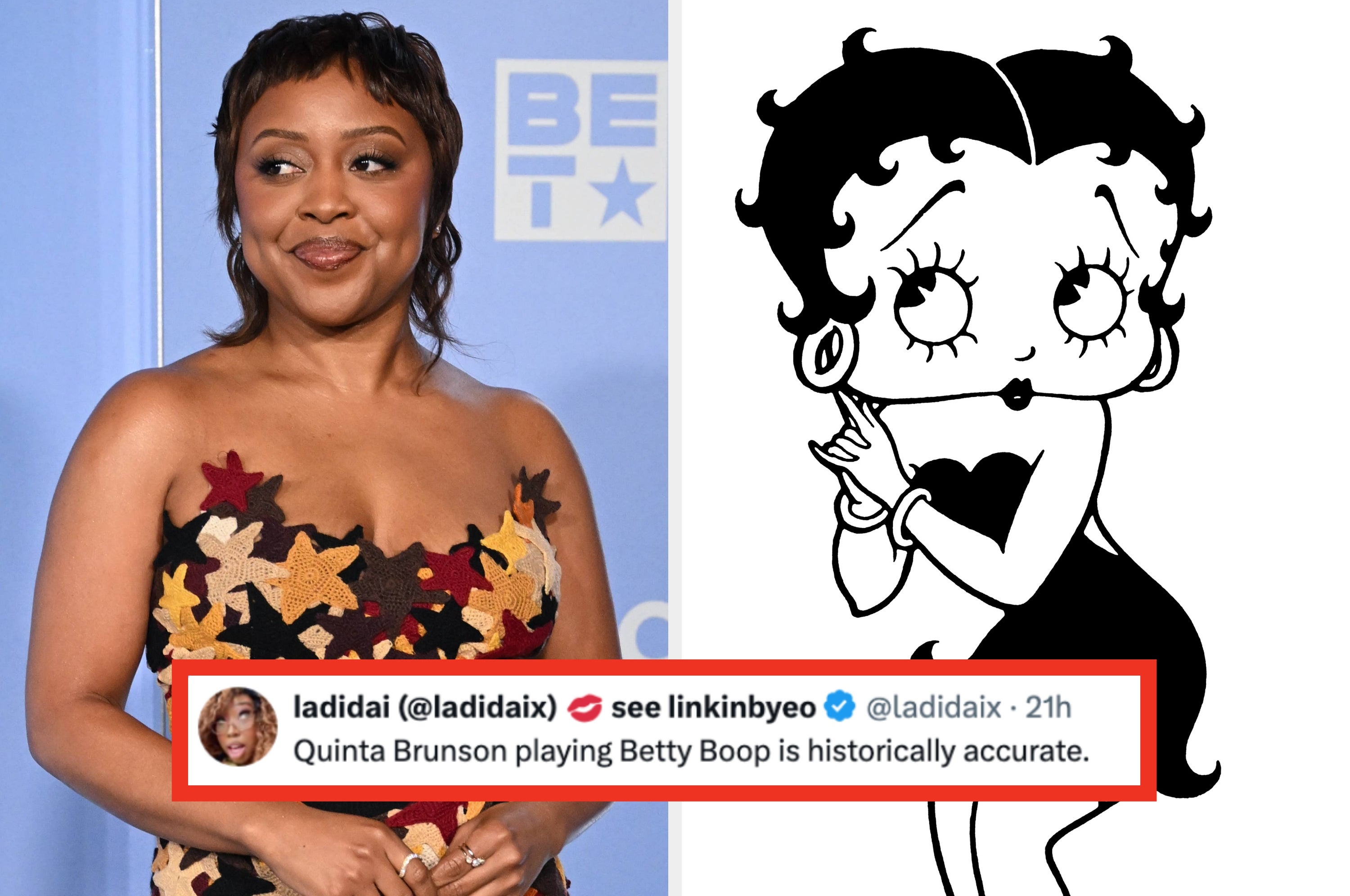 A woman in a star-patterned dress stands beside a cartoon character with a black dress, sharing a playful pose