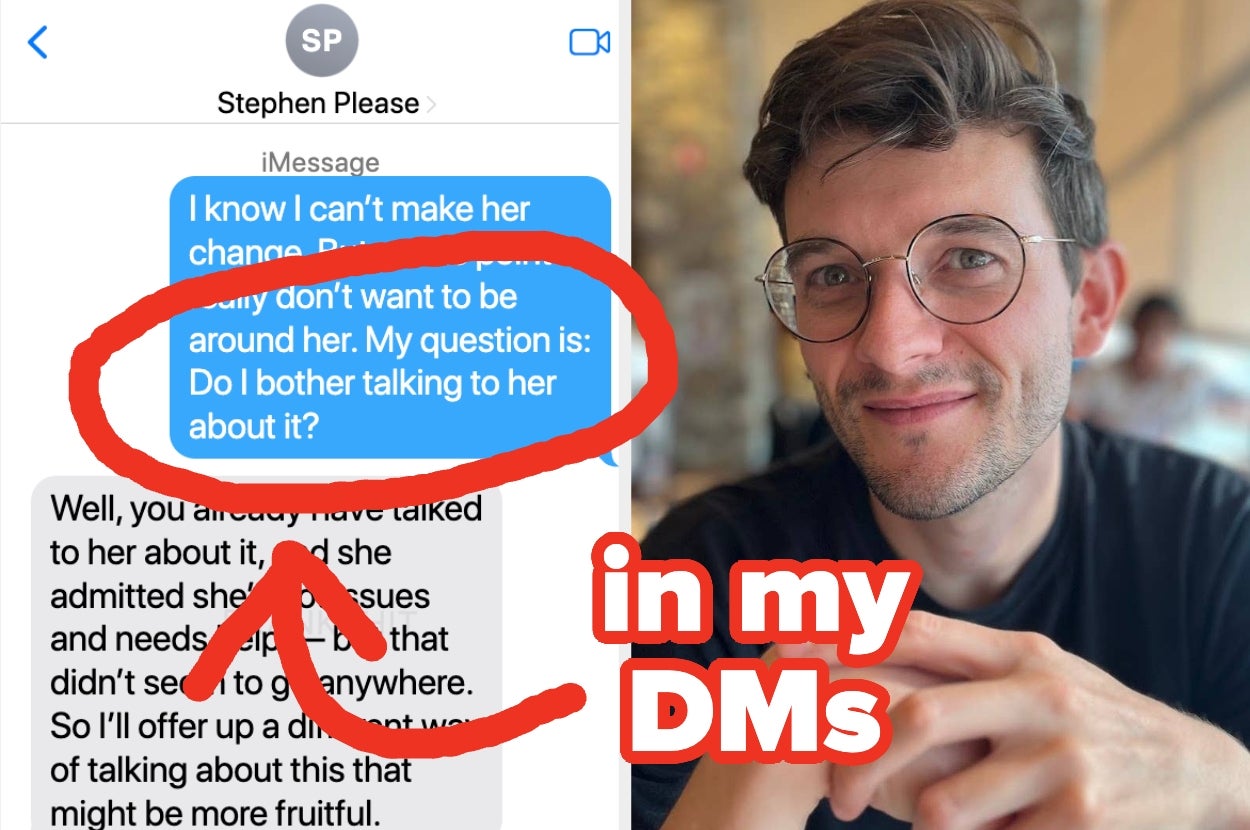 Text message about discussing relationship concerns. Person looking at camera, glasses, short hair. Text overlay: "in my DMs" with an arrow