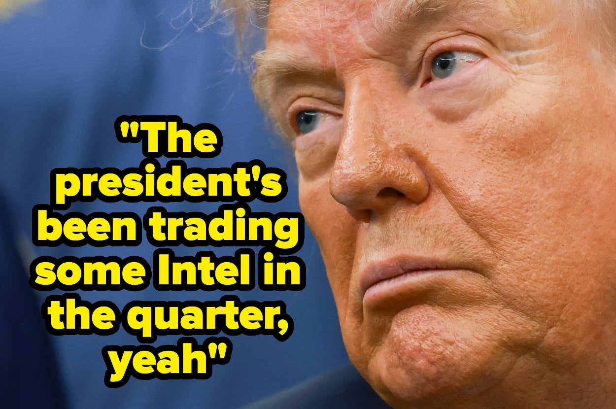 A person with a serious expression is next to text reading, "The president's been trading some Intel in the quarter, yeah."