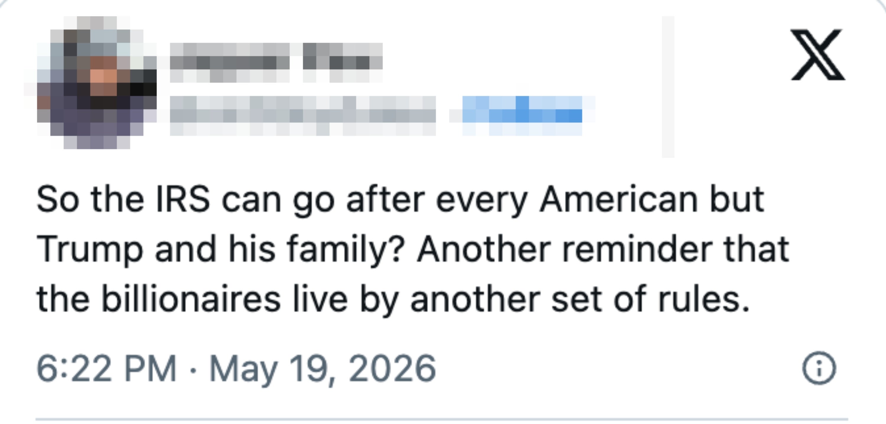 Tweet by Jaguar Paw questions IRS actions, suggests billionaires, including Trump, live by different rules. Timestamp: 6:22 PM, May 19, 2026