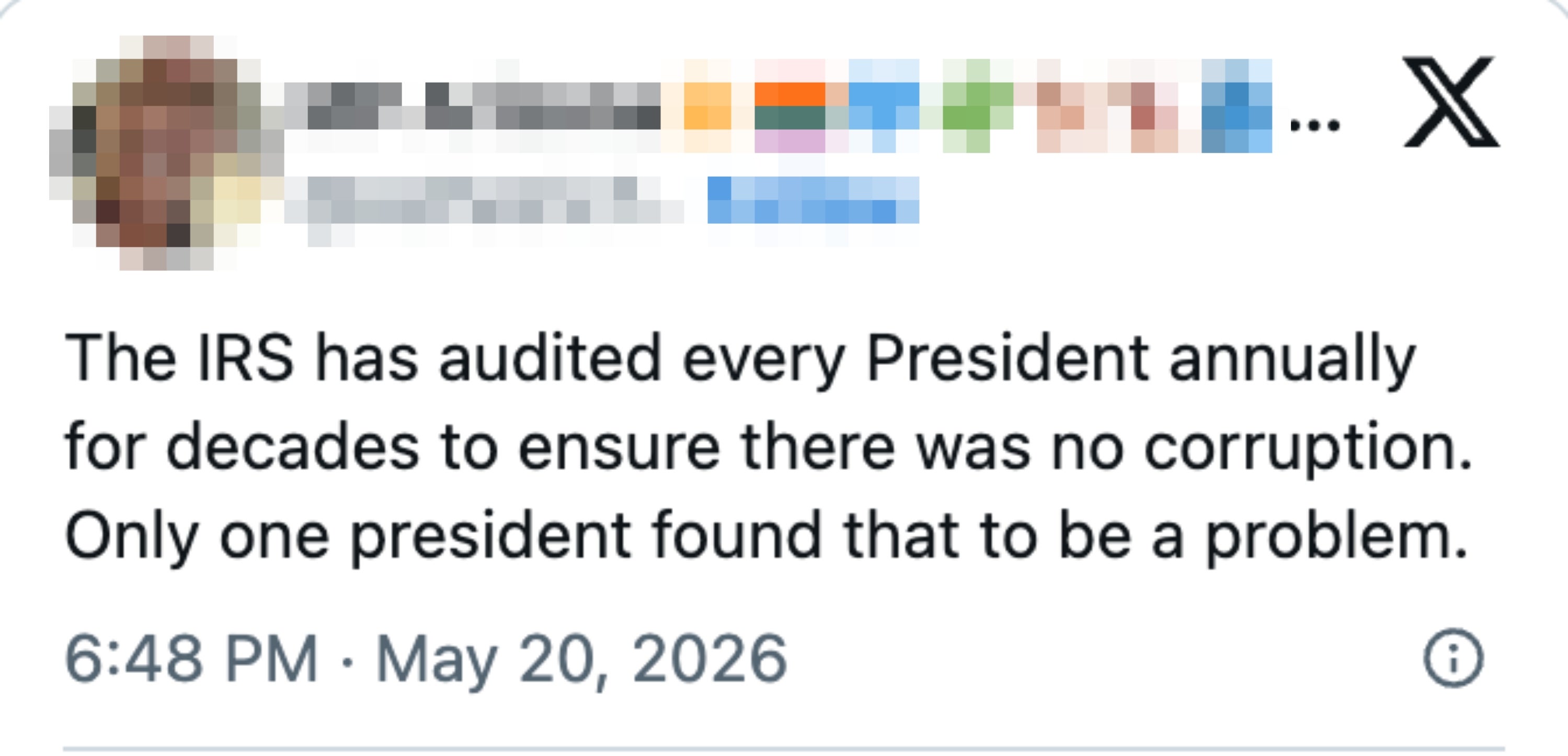 Tweet by MP Arizona: IRS audits presidents annually. Only one president had issues