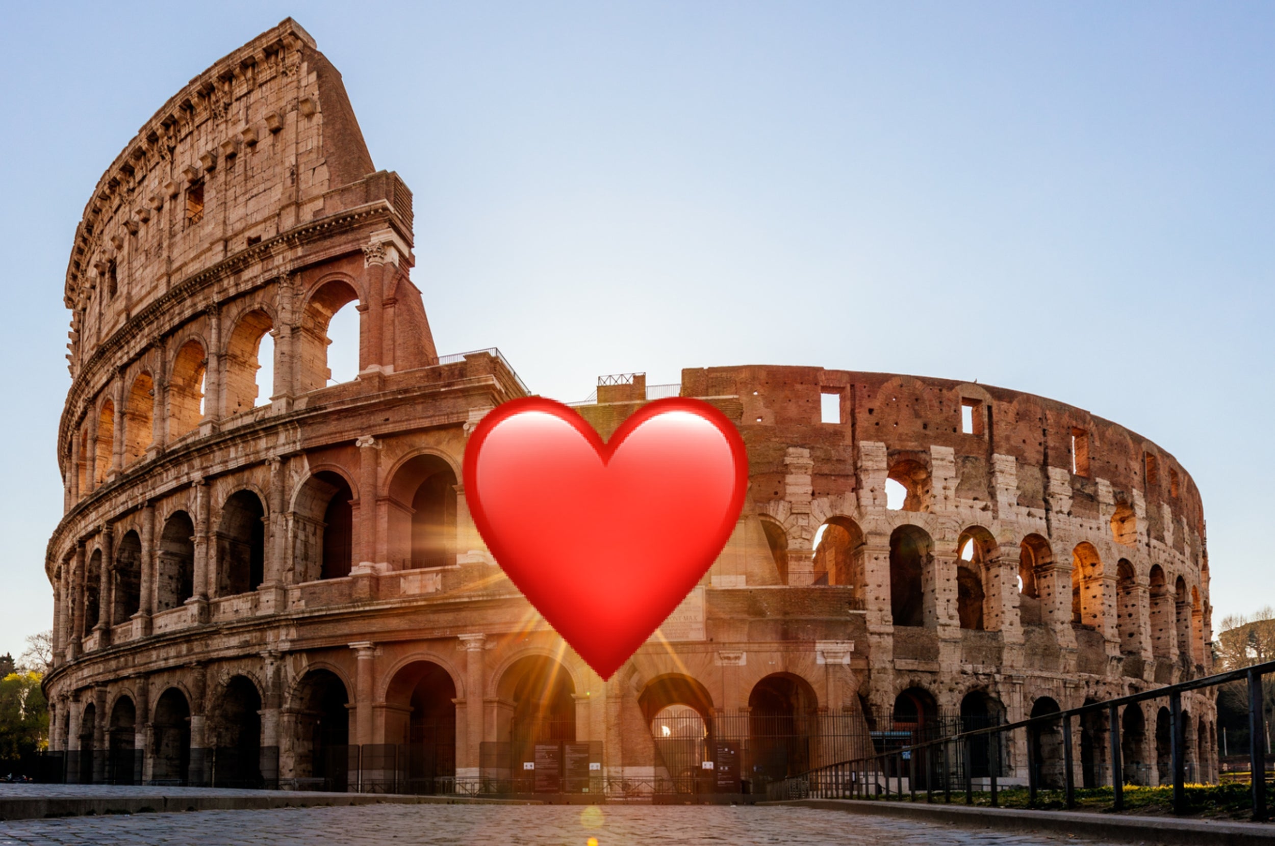 The Colosseum with a large red heart overlay, symbolizing love for the historic landmark