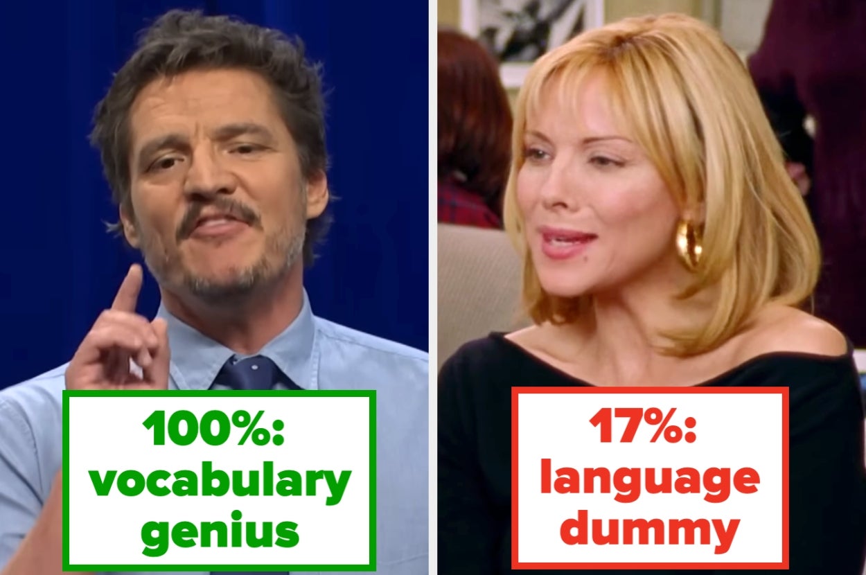 Two side-by-side images with text: Left, a man labeled as "100%: vocabulary genius." Right, a woman labeled as "17%: language dummy."