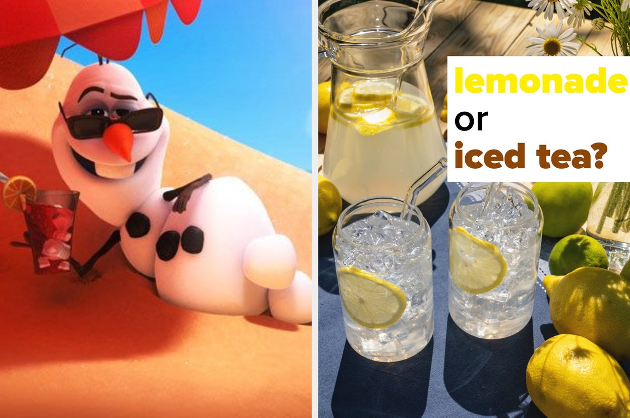 Olaf relaxing on a beach with a drink. On the right, glasses of lemonade and iced tea with a text: "lemonade or iced tea?"