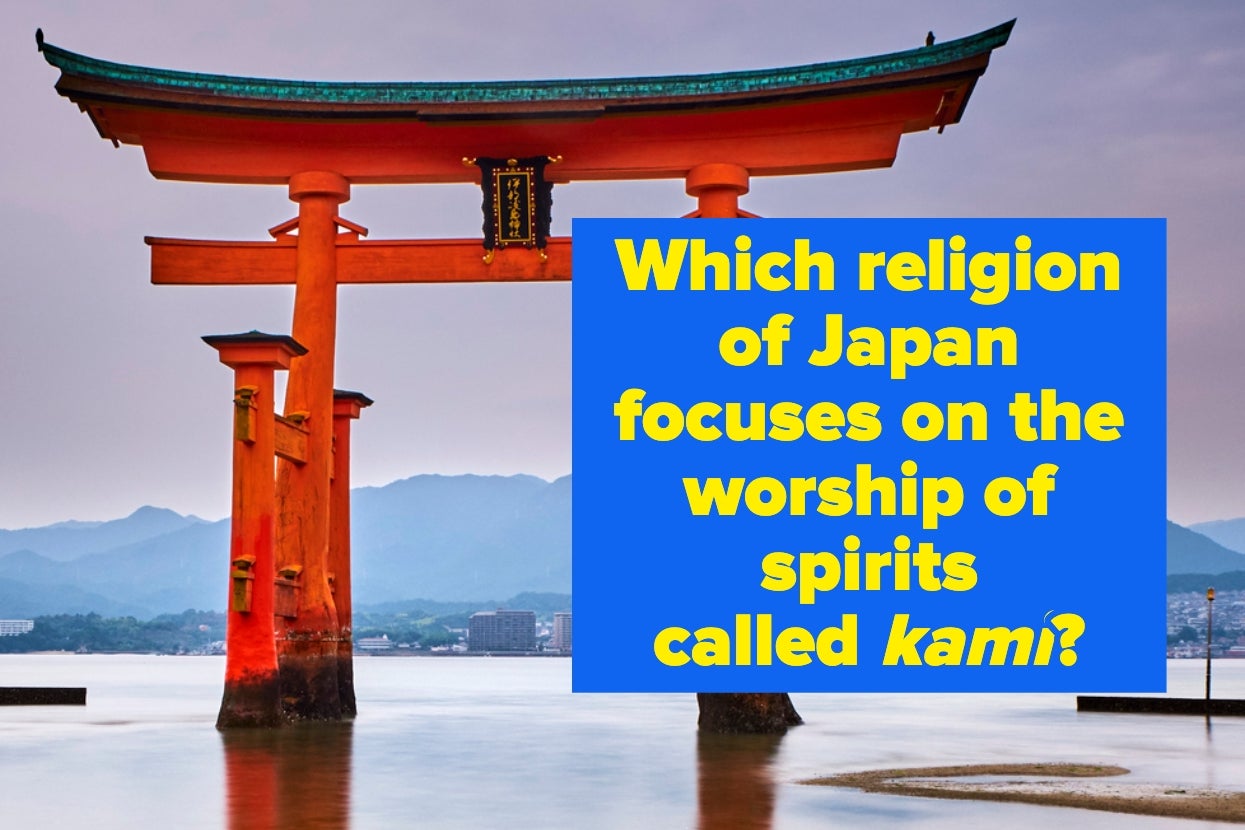Text asking which Japanese religion focuses on the worship of spirits called kami, overlaid on an image of a traditional torii gate in water