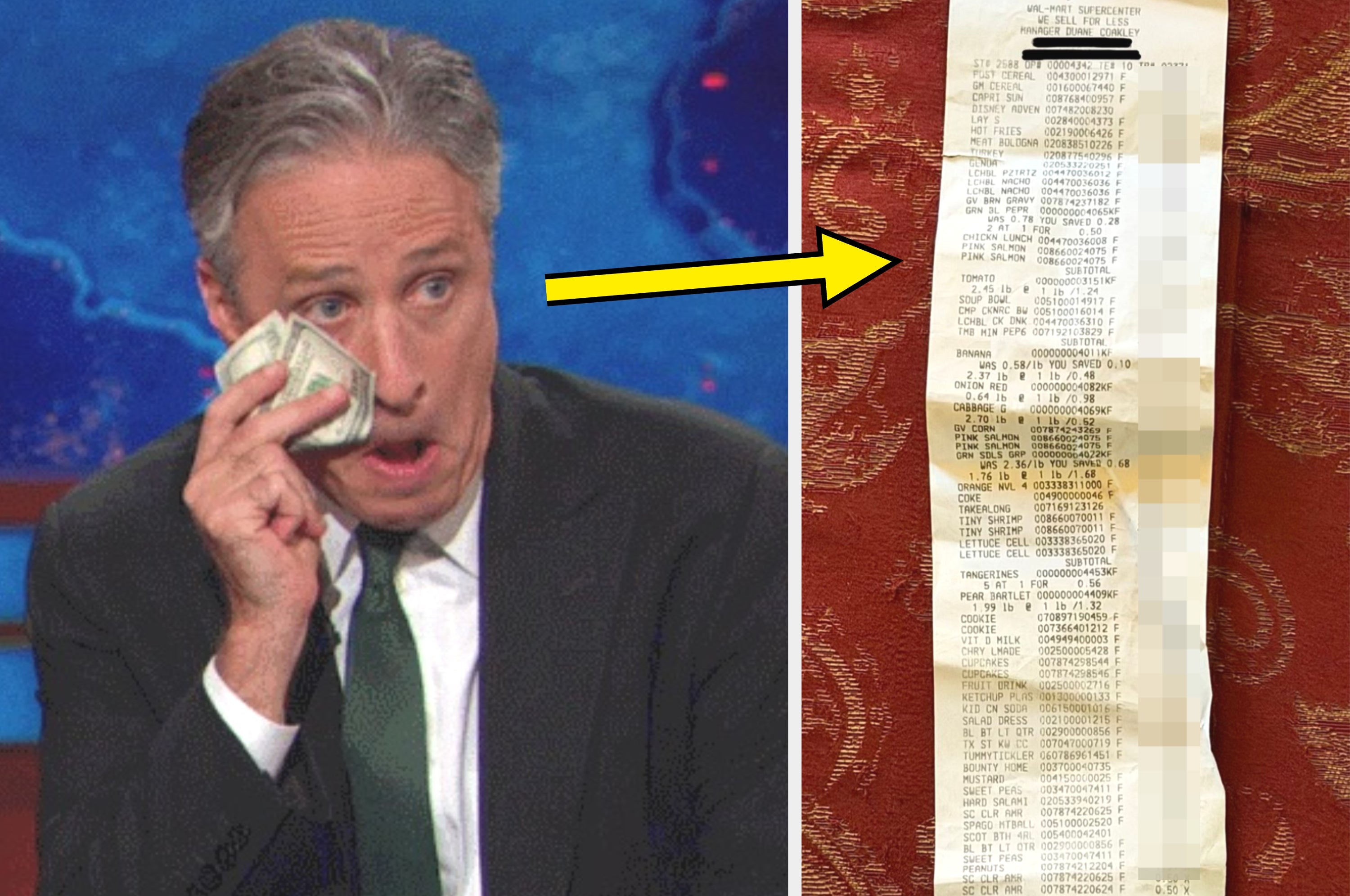 A person humorously holds cash to their face, next to a lengthy fast food receipt listing various menu items and prices
