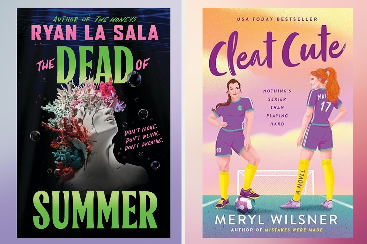 Book covers: "The Dead of Summer" by Ryan La Sala features an artistic head with flowers. "Cleat Cute" by Meryl Wilsner shows two soccer players