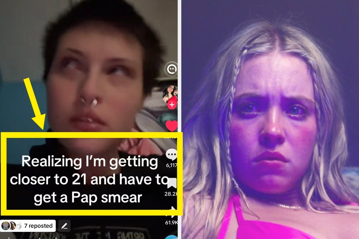 Split image: Left side shows a person reacting with an overlaid text about turning 21 and needing a Pap smear. Right side shows a dramatic still from a film or TV show