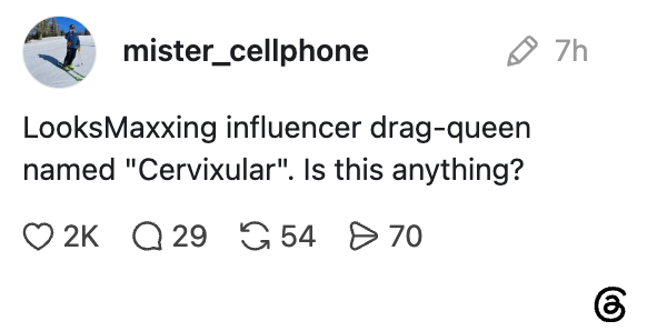 Post showing an influencer's drag queen persona named "Cervixular," with engagement stats: 2K likes, 29 comments, 54 reposts, 70 other interactions